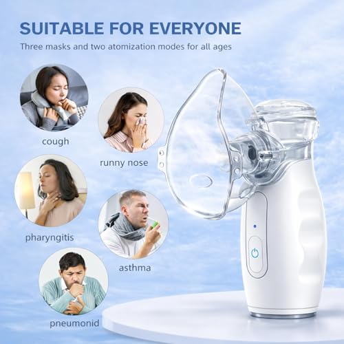 Obiredk ㅤHandheld Compressor Nebulizer for Adults & Kids, Quiet Mesh Nebulizer with 3 Mist Levels, USB-C Rechargeable, Self-Cleaning, Compact Travel Size - White