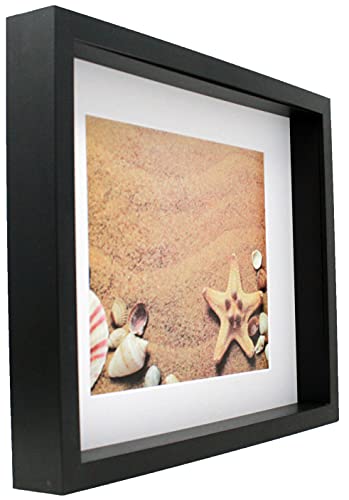 11X14 BLACK SHADOW BOX PICTURE FRAME WITH 8X10 MAT – DEEP SET FRAME – REAL GLASS FRONT – INCLUDES ATTACHED HANGING HARDWARE – DISPLAY 11 X 14 OR 8 X 10 PHOTO