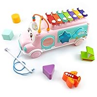 MoraBaby School Bus Toy with Xylophone, Shape Sorter, Bead Maze for Toddlers 1 2 3 Year Old Boy and Girl Gifts, Push & Pull Toys, Preschool Educational Toys (Pink)