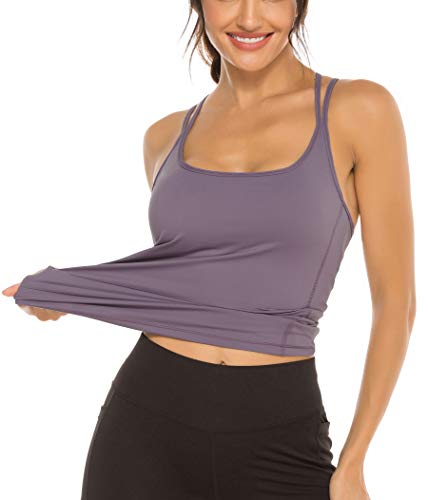 OVESPORT Sports Tank Tops for Women Bulid in Bra Workout Yoga Shirt with Removed Pads Strappy Back Fitness Activewear (BX2281, Purple, S) - Thumbnail 4