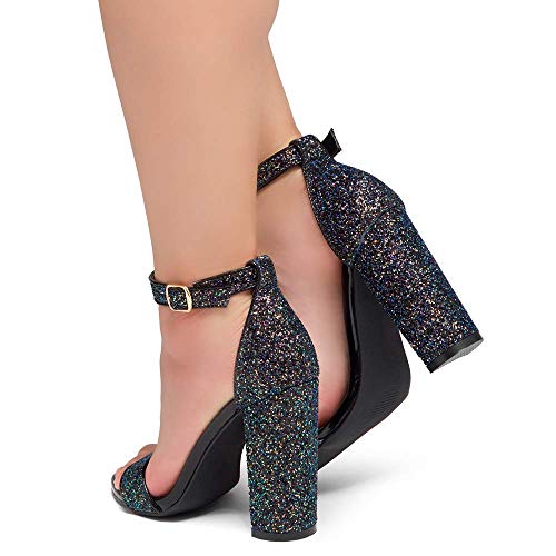 Herstyle Rosemmina Womens Open Toe Ankle Strap Chunky Block High Heel Dress Party Pump Sandals BlackGlitter 6.0
