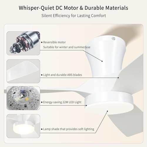 Ventilador de Techo con Luz y Mando 80cm para Techos Bajos, Motor DC Silencioso con Memoria, 6 Velocidades, Regulable 3000-6000K, Temporizador, Reversible Verano/Invierno, Modo Vacaciones, Blanco