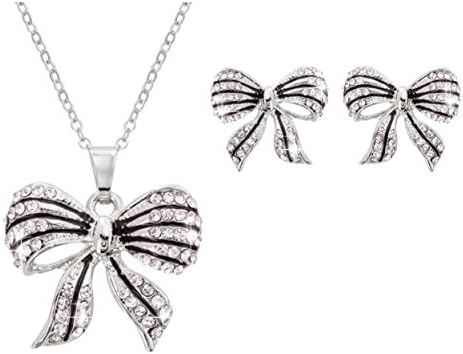 Deerlux Silver Plated Rhinestone Bow Pendant Necklace and Earring Set for Women