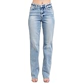 Judy Blue Mid Rise Light Wash Dad Jeans for Women Stretchy Denim | 34" Inseam | Trendy Vintage Straight Leg Jeans -88926