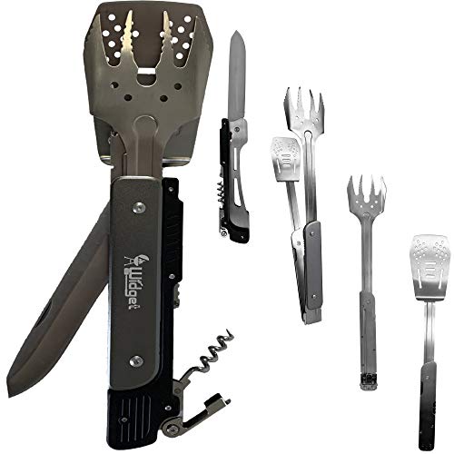 W4W BBQ Camping Utensils Travel Set – 6 in 1 Camping Cooking Gear – Portable Barbecue cookware Includes Knife, Tongs, Spatula, Grill Fork, Bottle Opener, Corkscrew