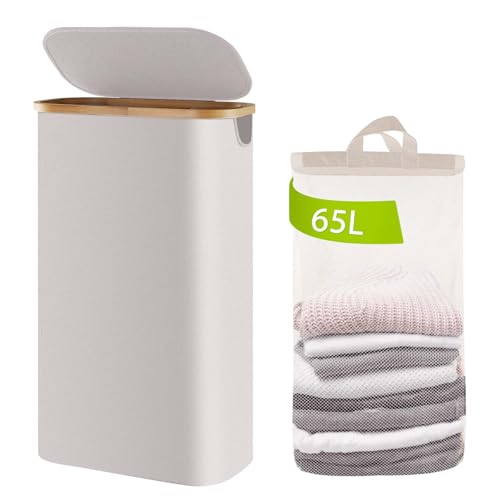 Bathola Slim Laundry Hamper with Lid 65L, Collapsible Clothes Hamper with Removable Bag & Bamboo Handles, Narrow for Small Space, Silver Grey