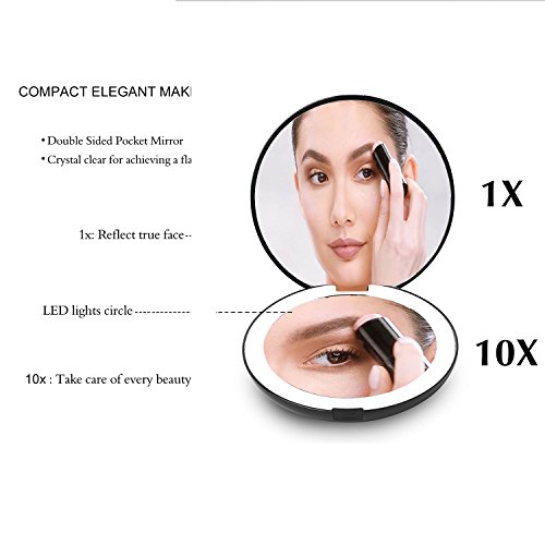 LED Lighted Travel Makeup Mirror, Aixiangpai 1X/10X Double Sided Magnifying and Illuminated Folding Mirror(MINI-BLACK)