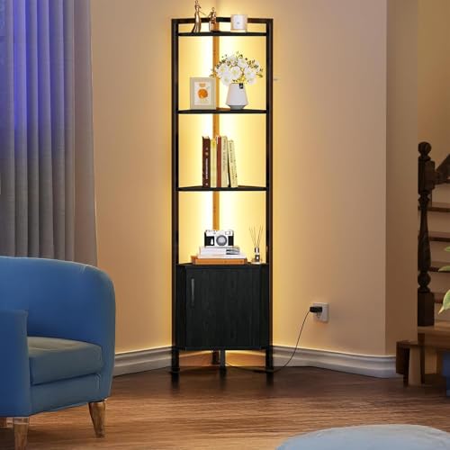 GARUISKY Estante Esquinero con Puertas y Luz LED, Librero de 5 Niveles con Estantes, Organizador de Estantes de 1.6m de Alto, Ideal para Esquinero para Sala, Dormitorio, Oficina (Negro)