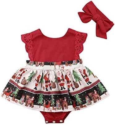 Newborn Infant Baby Girls Red Xmas Santa Romper Dress Christmas Lace Bodysuit Headband Outfit Clothes