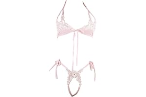 Women's Sexy Floral Lingerie Set, Halter Bra Panty, Cut Out 2 PCS Outfit, for Elegant Intimate Wear, Anniversary, Bridal Ligh