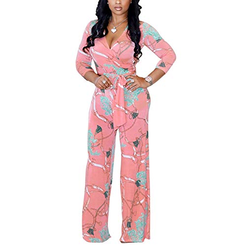 Lisa Colly Women Summer Floral Print Jumpsuit Casual Wide Leg Beach Jumpsuits Rompers (XL, Pink)