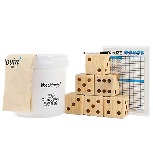 GETMOVIN SPORTS Giant Wooden Playing Dice Set with Roll Bucket and Scorecard, Outdoor Lawn Yard Game - Includes 6 Dice, Dry Erase Scorecard W/Marker, Roll Bucket, Carrying Bag (3.5" Dice)