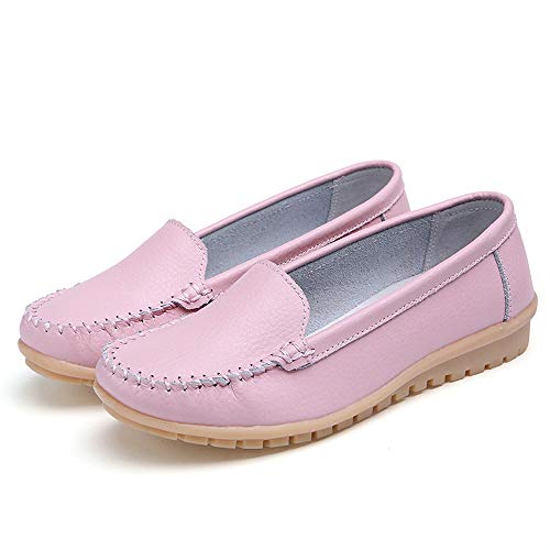 Women's Slip On Flat Shoes,Comfort Walking Leather Loafers Round Toe Driving Shoes Soft Bottom Sneakers Office Work Shoes (Pink, US:8)