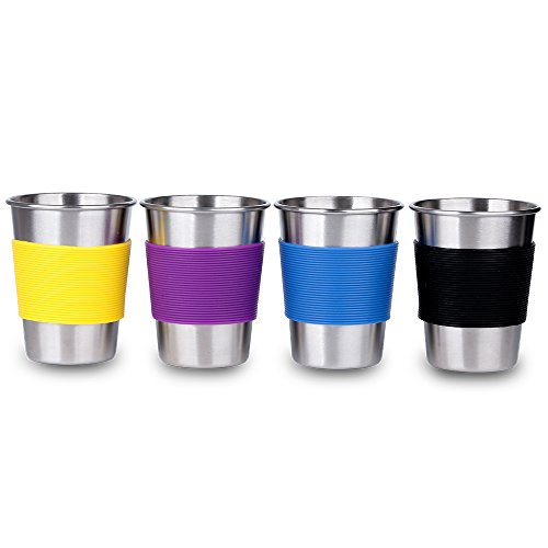 Unbreakable Metal Kids Drink Cups 11 oz Stainless Steel Drinking Glasses with Silicone Sleeve set of 4 for Home and Outdoor Activities