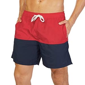 SILKWORLD Men’s Swim Trunks Quick Dry Beach Shorts with Pockets (US M (Fits Waist 32.5″ – 34″,Tag XL), Red + Navy Blue)