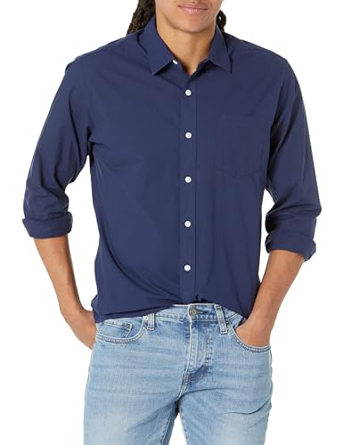 Amazon Essentials Men's Regular-Fit Long-Sleeve Solid Poplin Shirt, navy, X-Sma…