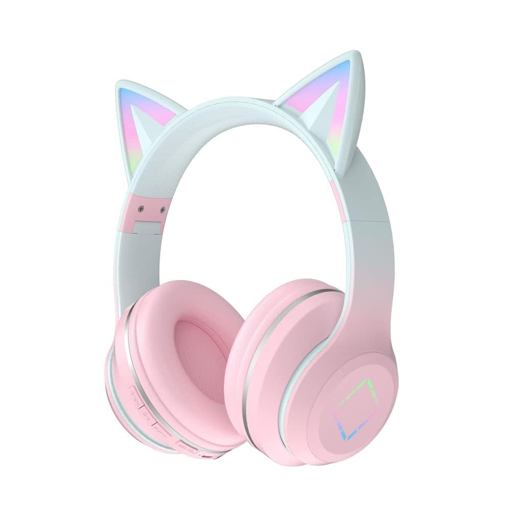 Usoun Kids Headphones,Cat Ear Led Light Bluetooth Kids Headphones with Mic,Girls Headphone Wireless,TF Card,3.5mm Audio,Wireless/Wired Foldable Kid On Ear Headphone for Boys Girls Adults (Pink)