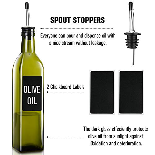 PrettyCare Olive Oil and Vinegar Dispenser Bottles 17oz (Dark Cruet with Extra Lids, Labels and Funnel) 500ml Drip-Free Bottle with Stainless Steel Spout, Flip Top Pourer Set (Dark Green)