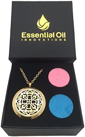 Essential Oils Diffuser Jewelry Aromatherapy Necklace Stocking Stuffer Gold Plated 316 Stainless Steel Old World Cross Pendant Locket 24” 2.5mm Chain and 7 Washable Refill Pads