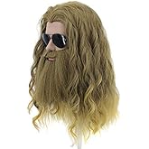 yuehong Long Curly Blonde Brown Mens Wig Superhero Cosplay Costume Hair with Big Beard Heat Resistant Synthetic Fibers Fluffy Durable Breathable Wig
