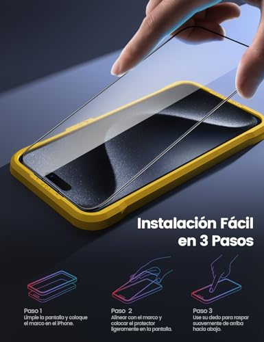 Lamicall Mica para iPhone 15 Pro Max, [Top 9H Película de Vidrio Templado] Protector de Pantalla para iPhone 15 Pro Max (6.7"), Marco de Instalación Fácil, 0 Burbujas, AntiHuellas - 2 Piezas