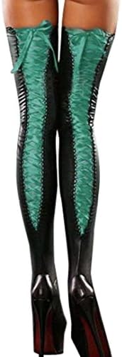 LTUI Hot Sexy Women Thigh-High Stockings Patent Leather Lace Bow Straps Long High Tube Socks Nightclub (Green)