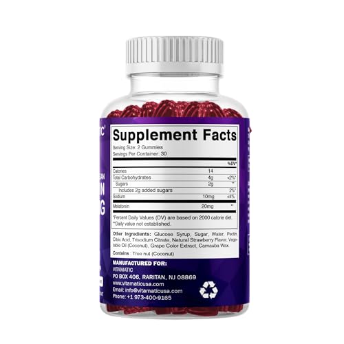 Vitamatic Melatonin 20 mg Gummies, Vegan, Strawberry, 60 Count | 20 mg Melatonin Per Serving, Promotes Relaxation & Sleep Support*, Plant-Based, Gluten Free, Non-GMO