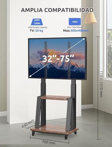 TETVIK Soporte de Piso para TV Móvil con Ruedas de 32 a 75 Pulgadas,Base para TV VESA 200x200-600x400mm,Carrito de TV para Pantalla Altura Ajustable,Soporta hasta 60 KG,Resistente y Fácil de Armar