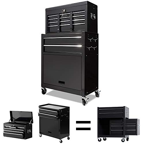 Big Removable Tool Chest, Rolling Tool Chests with Wheels (2PCS Lockable) and Drawers, Top Tray and Bottom Cabinet Door with Keyed Locking System, for Garage, Warehouse, and Workshop, etc(Black)