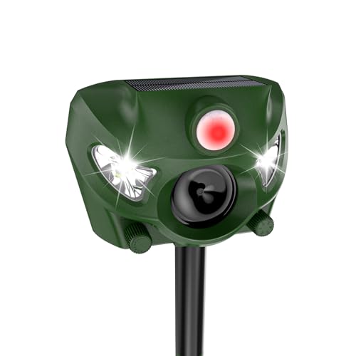 Ultrasonic Animal Deterrent Outdoor, Solar Power Cat Rodent Raccoon Repeller, Rabbit Snake Control Device with Motion Sensor and FIashing Light, Waterproof Outdoor Animal Device for Deer Squirrel
