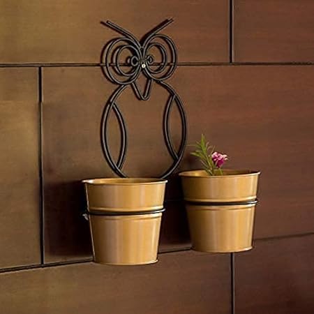 UV The The Owl Buckets || Metal Wall Planters Pot for Indoor Plants with Holder (Set of 2, Galvanized Iron) - Wall Mounted Planters with Stand Plant Containers || Pack of 2