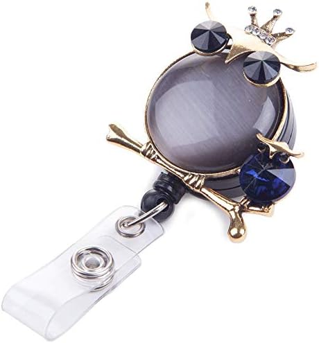 Retractable Badge Holder, Badge Reel, ID Badge Holder Reel Clip Retractable with Bling Cute Rhinestones Owl for Nurse (Grey)