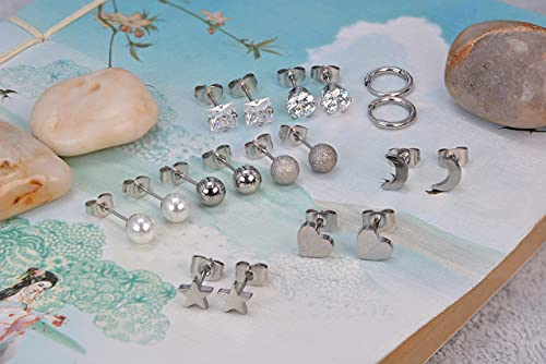 (silver, 8)earring sets helix earrings hypoallergenic earrings small hoop earrings stainless steel earrings for women Ball Heart Star Pearl Moon cubic zirconia Stud Earrings Studs for Women men girl