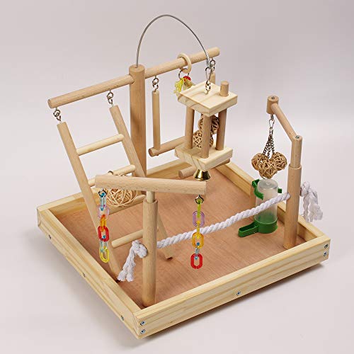 QBLEEV Parrot Wood Play Gym Playground for Traning, Bird Stand Perch Cage Playstand Natural Playgym Playpen Ladder Toy Exercise Decorative Play 13.7″ L12.6 W11 H