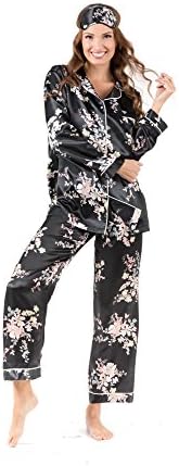 momomio Womens Floral Print Silk Satin Pajamas Long Sleeve Button Down Loungewear Luxury Pajama Set with Gift Eye Mask