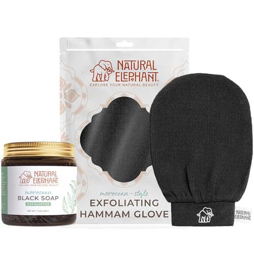 Natural Elephant Moroccan Black Soap 200g (7oz) and Exfoliating Hammam Glove Combo (Pure Black)