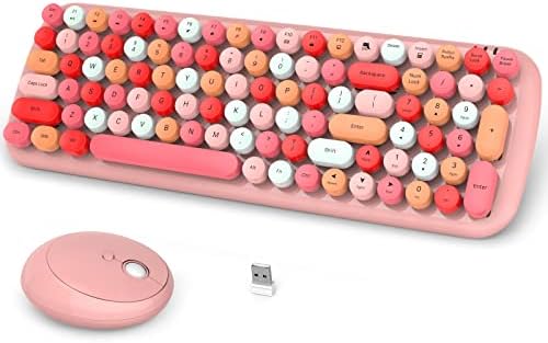 Pink Wireless Keyboard And Mouse Combo, Retro Typewriter Style Cute Bubble Keyboard With Round Keycaps, 2.4GHz Full Size Creamy Keyboard&Mouse With 3 DPI For Long Nails For PC Laptop Desktop Computer In
