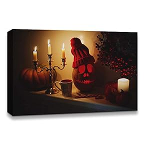 Canvas Wall Art Halloween Pumpkin Lantern Painting Artwork for Home Prints Framed - 12x18 inches