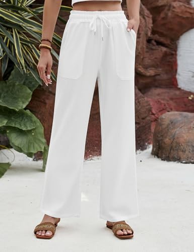 Fashora Women's Summer Trousers Lightweight Wide Comfortable Elastic Waist Flowy Casual Palazzo Trousers Elegant with Pockets and Drawstring Adjustment.