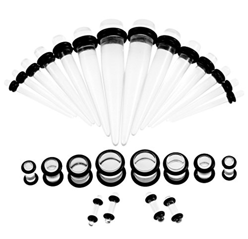 JDXN Acrylic Ear Stretching Taper Kit With Plugs Tunnel Starter Kit - 36 Piece Set 14G - 00G Women Men (clear)