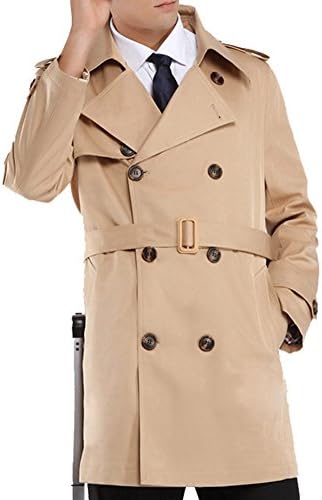 Khaki Mens Trench Coat Belt Spring Thin Double Breasted Jacket Overcoat Outwear