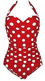 1950s Retro Red Vintage One Piece Monokini White Polka Swimsuits Swimwear L(FBA)