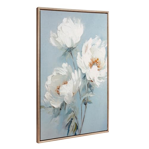 Kate and Laurel Sylvie Beaded White Peonies on Ocean Blue Vintage Framed Canvas…