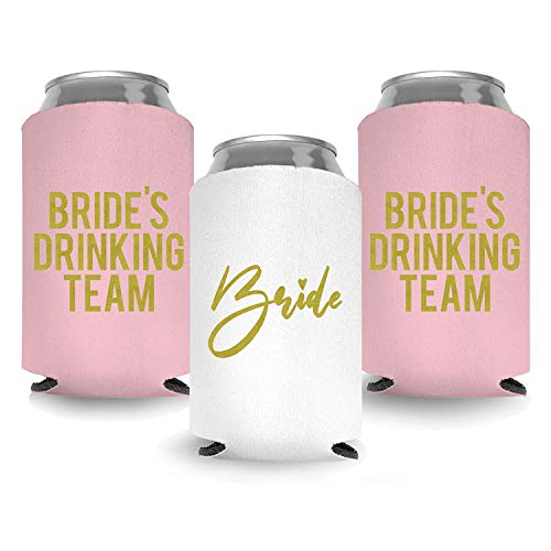 Coolies Can Coolers Insulated Collapsible Beer Soft Drinks Bottle Soda Can Sleeves (Bride & Bride Drinking Team) Durable Insulators Premium Quality for Bachelorette Party (Set of 12) White and Blush