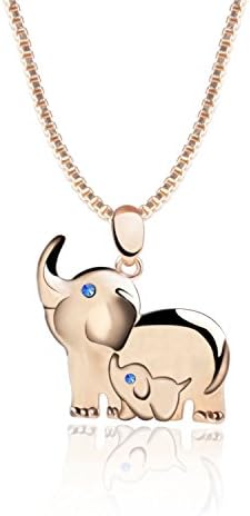Family Love Mom and Children Lucky Elephant Pendant Necklace with Blue CZ Eye, Rose Gold Plated, 18"
