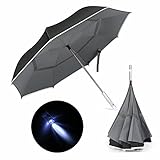 Reverse Umbrella, Veckle Reflective Piping Double Layer LED Car Reverse Folding Umbrella Windproof and UV Protection Hands Free Functional Straight Inverted Umbrella with Carrying Case, Grey