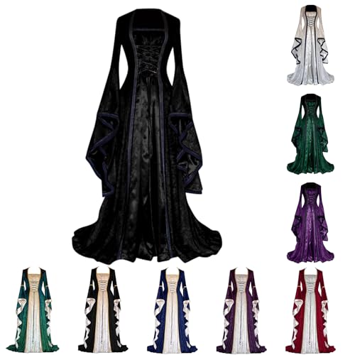 Halloween Dresses for Women Halloween Dress Women Plus Size, Vintage Renaissance Medieval Victorian Dress Flare Sleeves Retro Medieval Costume Gothic Female Costumes2 A Black