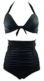 V'SHOW 1950s Solid Black Polka Dot High Waisted Bikini Swimsuits Swimwear(FBA)