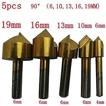 Generic 5pcs Metric 6mm 10mm 13mm 16mm 19mm Titanium Coated Countersinks Single Blade 90 Degree Chamfering Cutter Chamfer Drill Press