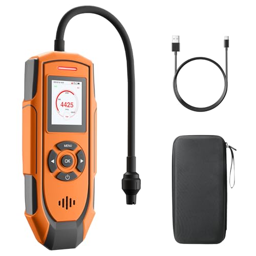 TopTes PT-990 Rechargeable Gas Detector with 28cm Flexible Probe, Detection Range 0-10,000ppm, Data Logging and 3 Types of Alarm, Gas Leak Detector for Propane, Methane - Orange